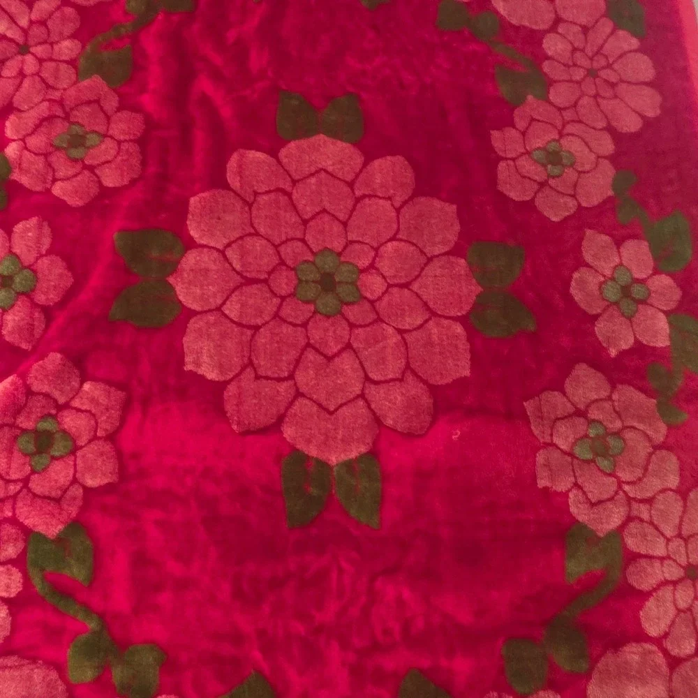 Vintage Choioka Korean Mink Blanket Reversible Deer Crane Floral Red Heavy Plush